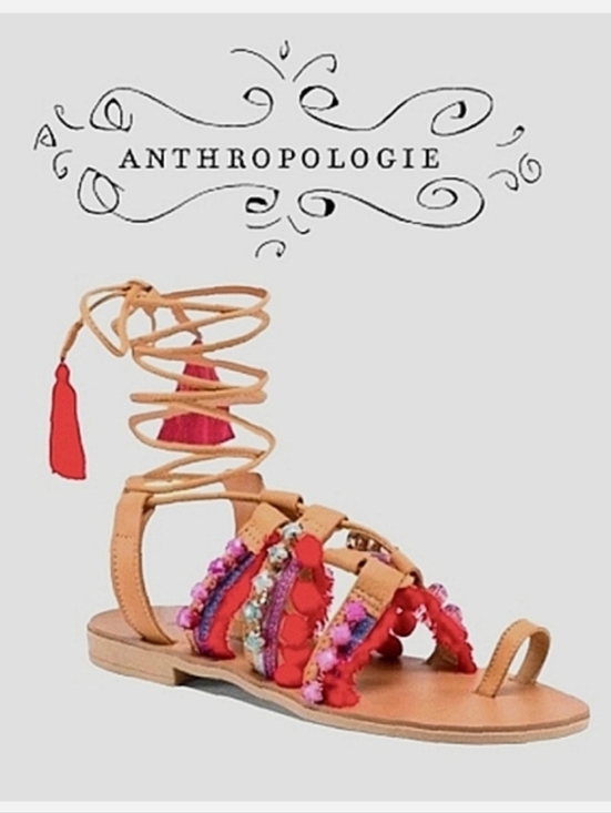 Anthropologie Shoes - Barbara Barbieri Red Multi Tassel & Pom Pom Leather Gladiator Sandal Sz 8.5